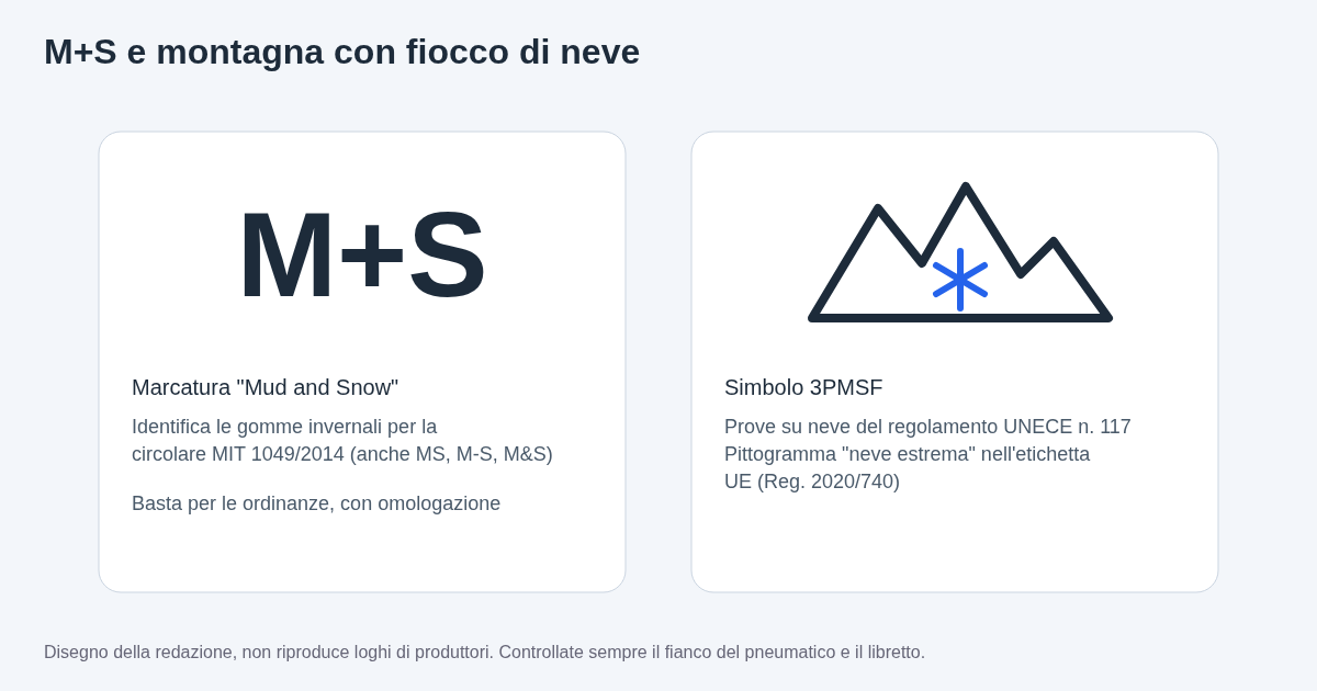 Schema disegnato dalla redazione: la marcatura M+S sul fianco del pneumatico e il simbolo della montagna a tre cime con fiocco di neve (3PMSF), con le differenze principali